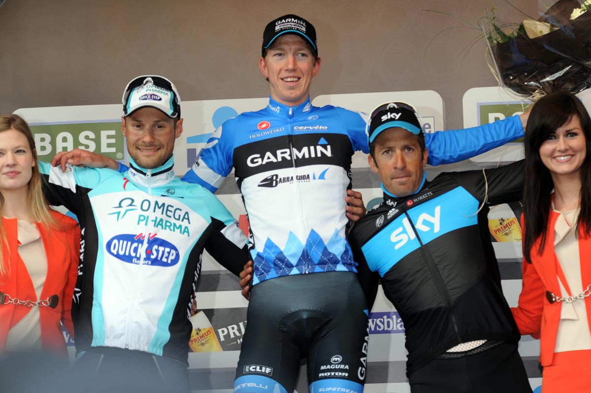 omloop12-podium.jpg Sep Vanmarcke top podium, Tom Boonen second, Juan Antonio Flecha third, Omloop Het Nieuwsblad 2012