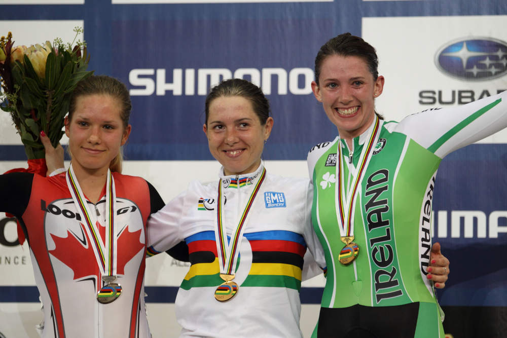 Chulkova, Glaesser and Ryan, women's points race, Track World Championships 2012, day two, evening