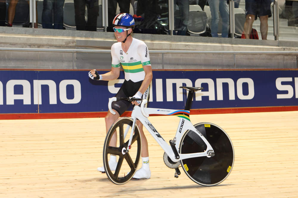 Cameron Meyer celebrates points race win, Track World Championships 2012, day five