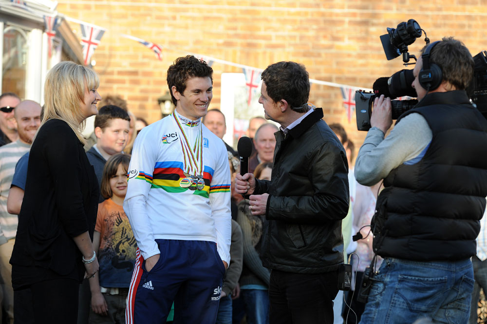 Ben Swift interviewed by look North TV crew, Ben Swift homecoming, 10 April 2012