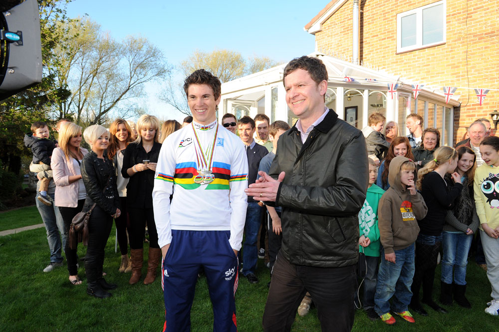 Ben Swift interviewed by look North TV crew, Ben Swift homecoming, 10 April 2012