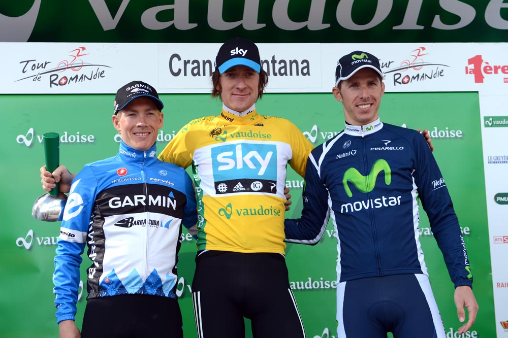 Bradley Wiggins tops podium, with Andrew Talansky (left) in second and Rui Costa (right) in third, Tour de Romandie 2012, stage five ITT