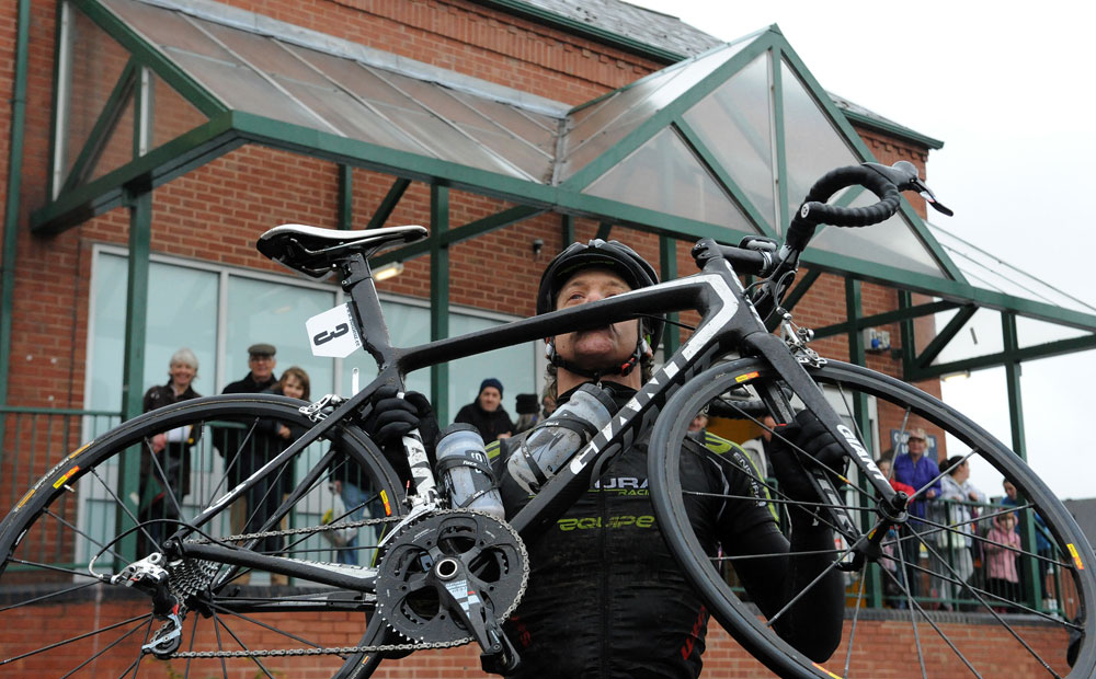 Alexandre Blain hoists bike after win, Rutland-Melton International CiCLE Classic 2012
