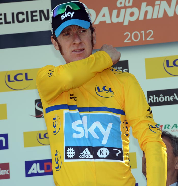 Bradley Wiggins on podium, Criterium du Dauphine 2012, stage two