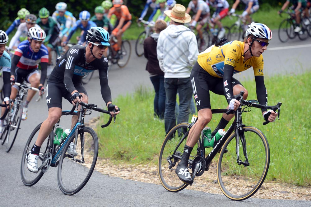 dauphine12st5-Wiggins-Rogers.jpg Bradley Wiggins and Michael Rogers, Criterium du Dauphine 2012, stage five