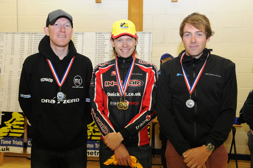 Bottrill, Hutchinson, Dowsett on podium, National 25-mile time trial championships 2012 Bottrill, Hutchinson, Dowsett on podium, National 25-mile time trial championships 2012