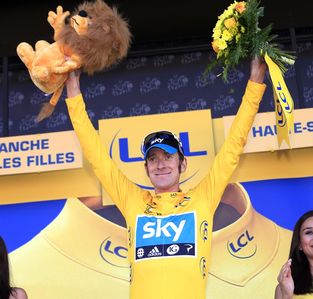 Bradley Wiggins in yellow, Tour de France 2012, stage seven Bradley Wiggins in yellow, Tour de France 2012, stage seven