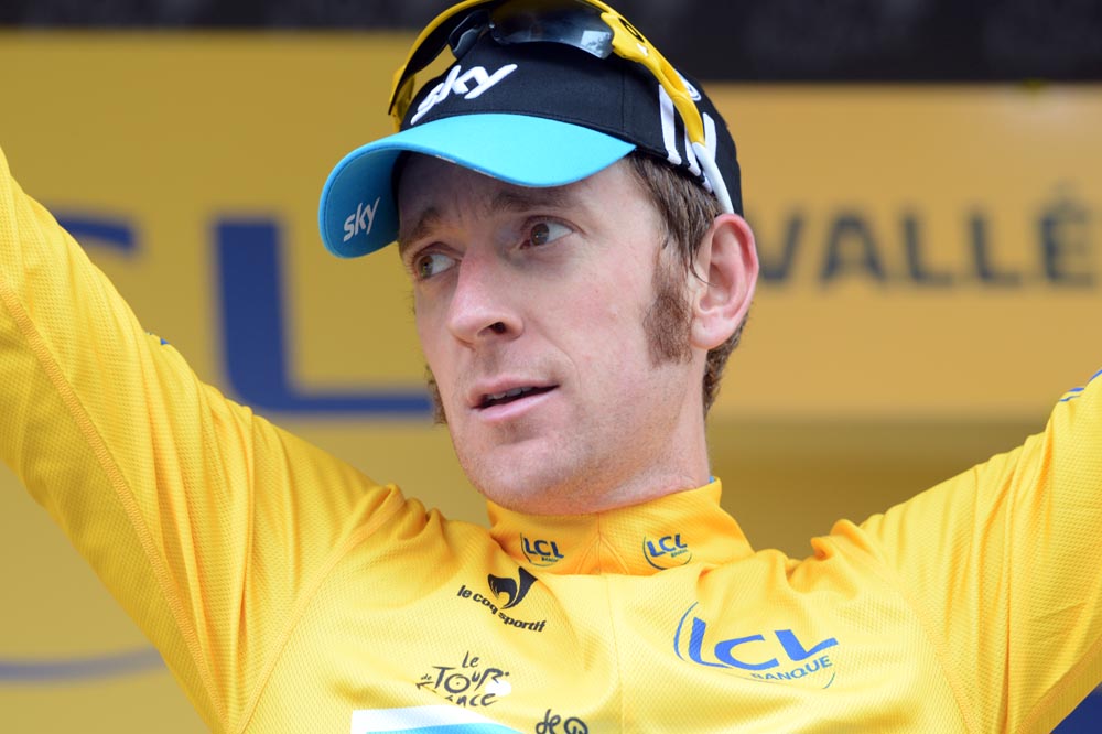 Bradley Wiggins on podium, Tour de France 2012, stage 17