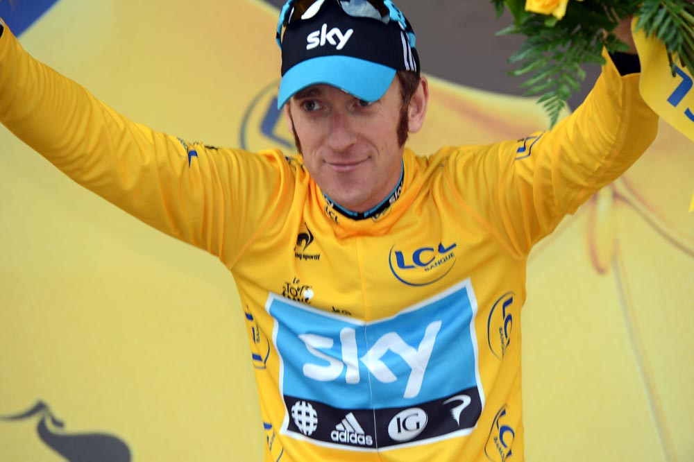Bradley Wiggins on podium, Tour de France 2012, stage 19