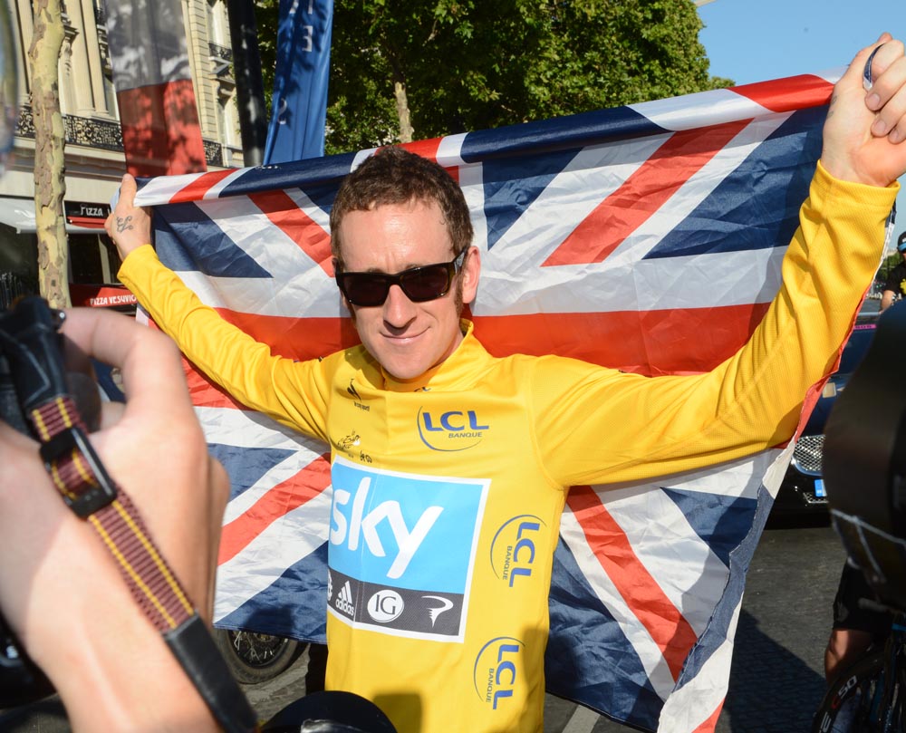 Bradley Wiggins and flag, Tour de France 2012, stage 20