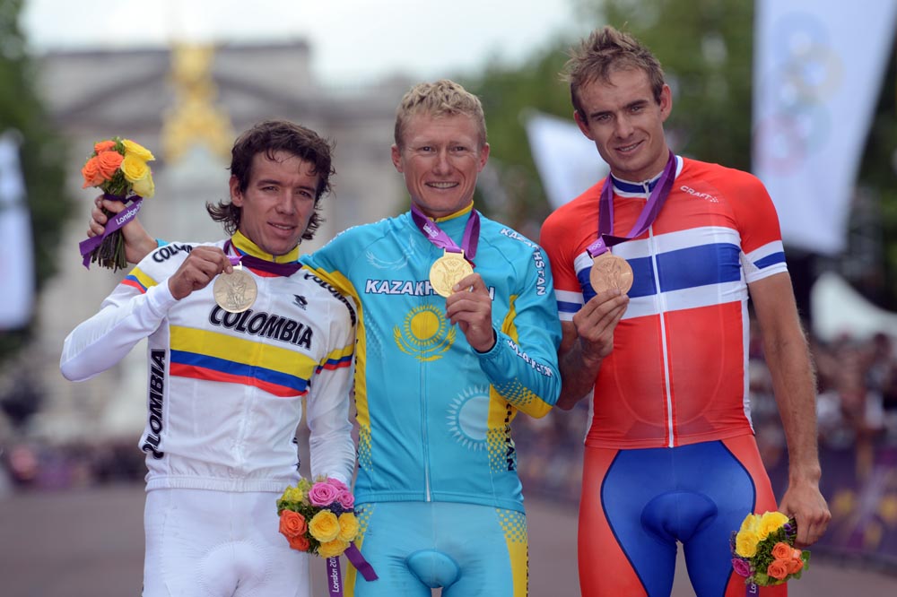 Uran, Vinokourov and Kristoff on podium, London 2012 Olympic men's road race