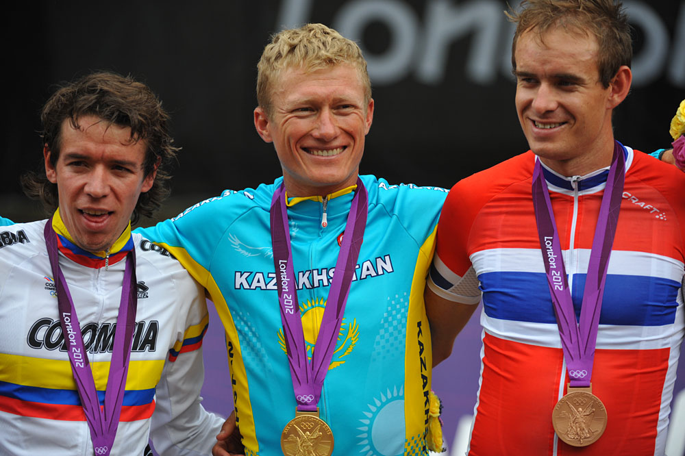 Men's podium - Uran, Vinokourov and Kristoff, London 2012 Olympic men's road race Men's podium - Uran, Vinokourov and Kristoff, London 2012 Olympic men's road race