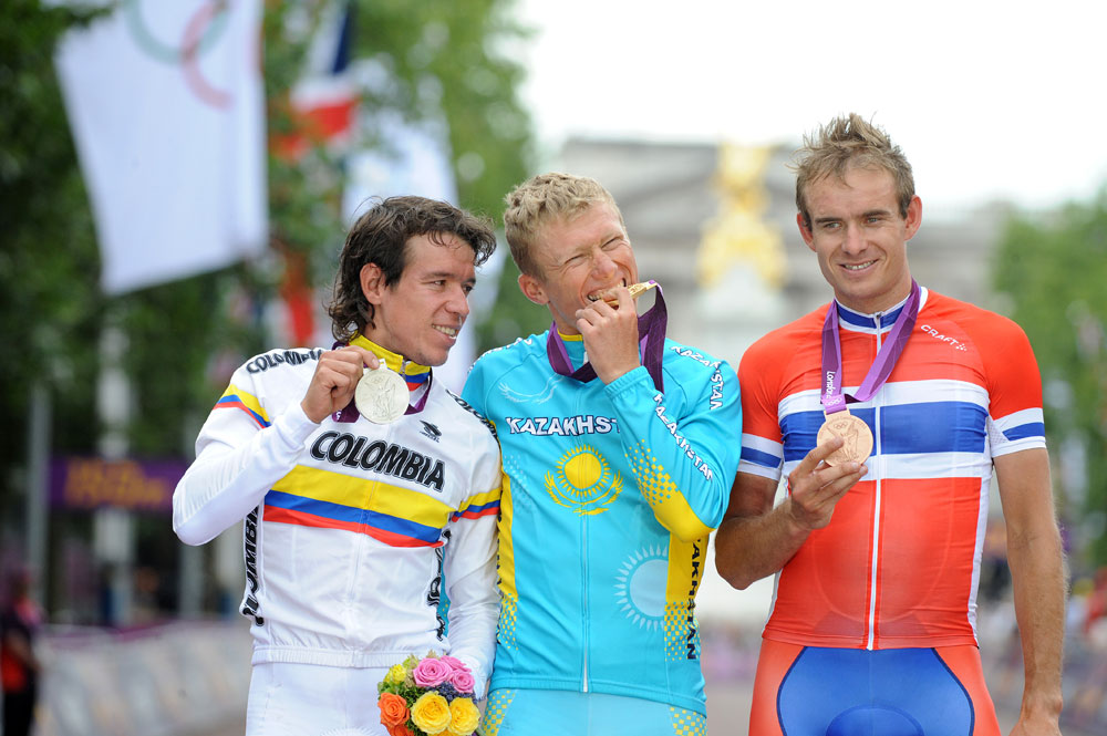 Uran, Vinokourov and Kristoff on podium, London 2012 Olympic men's road race