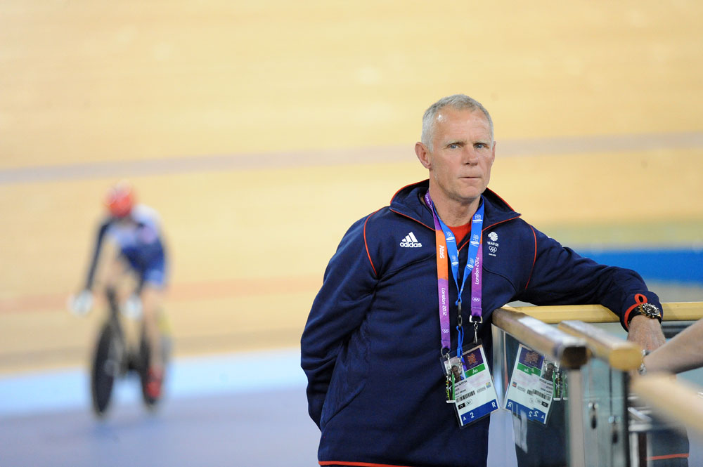 Photo: Shane Sutton, GB coach, London 2012 Olympics, track training, 30 July 2012. 