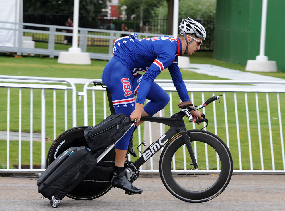 Taylor Phinney and bags, London 2012 Olympic time trial training, 31 July 2012 Taylor Phinney and bags, London 2012 Olympic time trial training, 31 July 2012