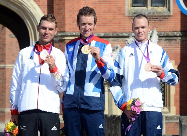 Wiggins, Froome, Martin on podium, London 2012 Olympic Games, men's time trial Wiggins, Froome, Martin on podium, London 2012 Olympic Games, men's time trial