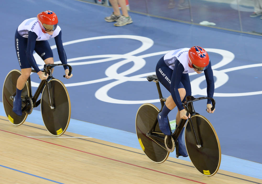 london12-track1-GB womens team sprint.jpg Great Britain women team sprint, London 2012 Olympic Games, track day one