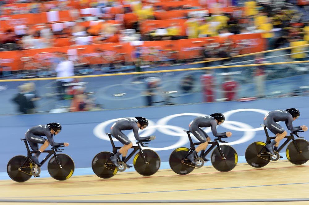 New Zealand men team pursuit qualifying, London 2012 Olympic Games, track day one