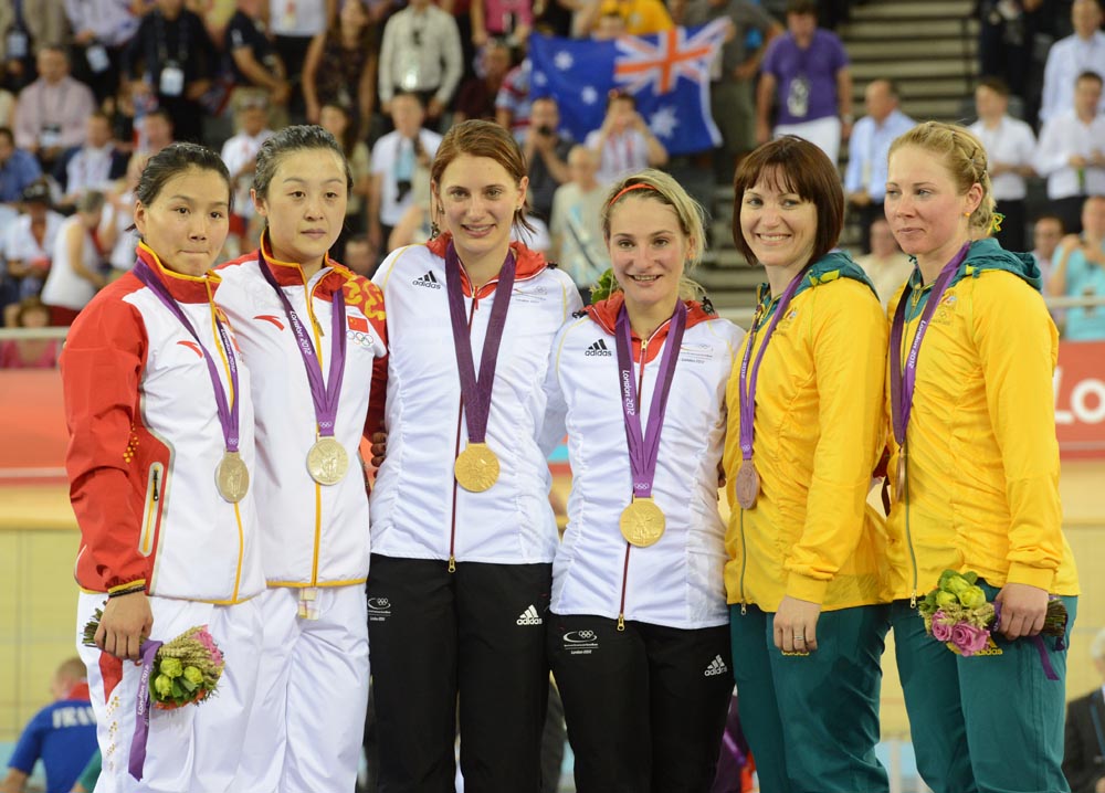 Women's team sprint podium, London 2012 Olympic Games, track day one