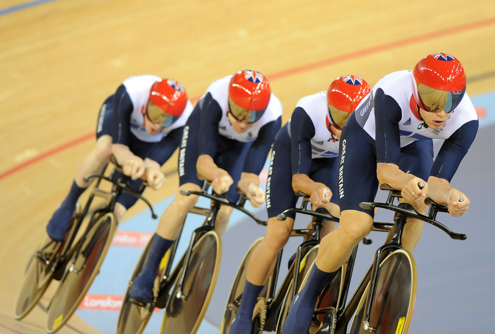 Steven Burke on front, Team GB pursuiters, London 2012 Olympic Games, track day one