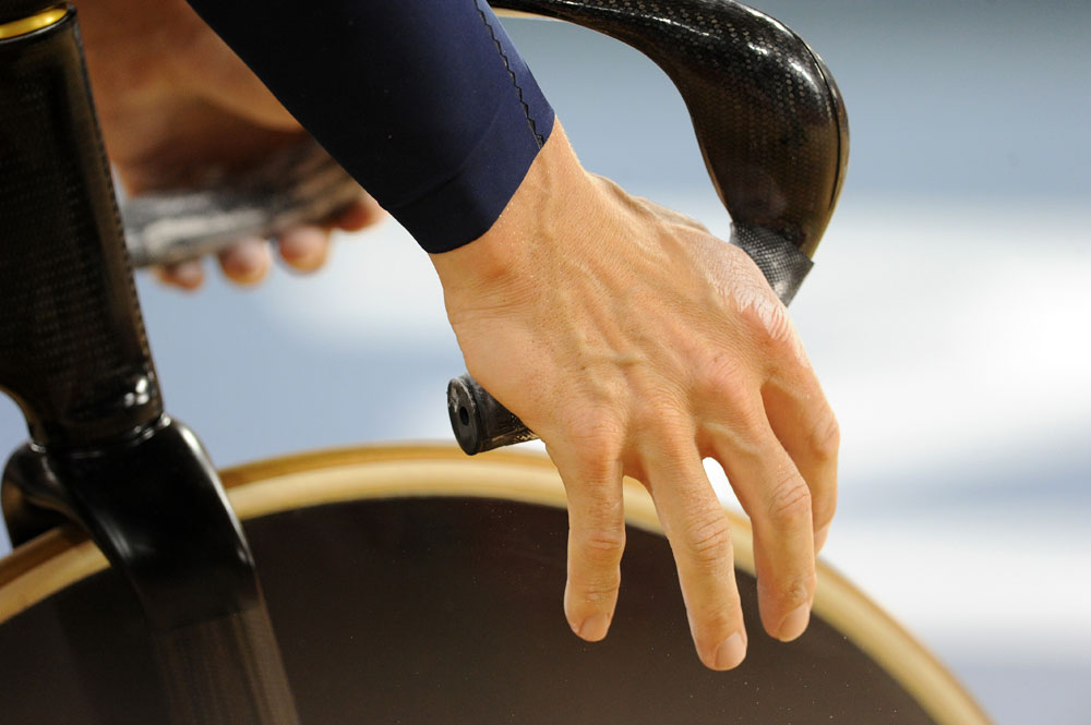 Sir Chris Hoy's hand, London 2012 Olympic Games, track day one