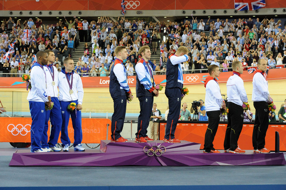 Team GB top the podium, London 2012 Olympic Games, track day one