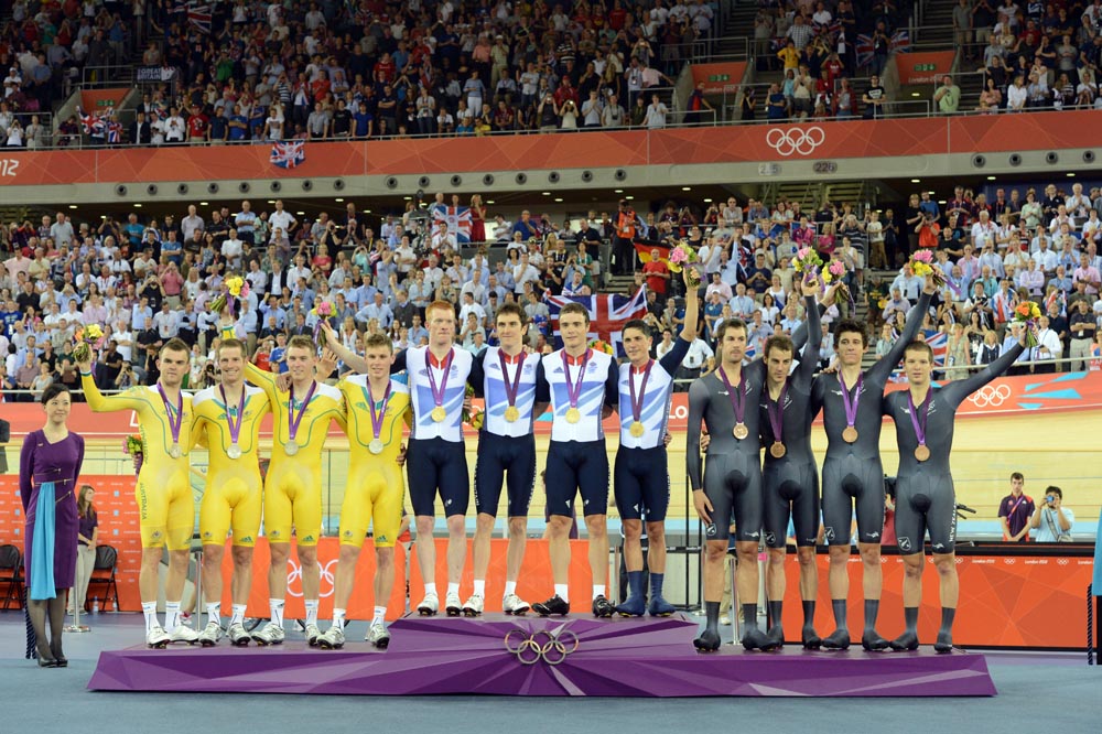 london12-track1-gw-team pursuit podium.jpg Team pursuit podium, London 2012 Olympic Games, track day two