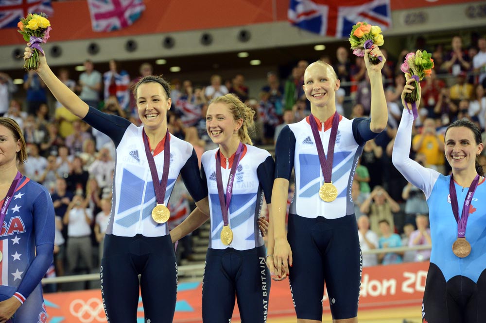 Great Britain, women's team pursuit winners, London 2012 Olympic Games, track day three evening session