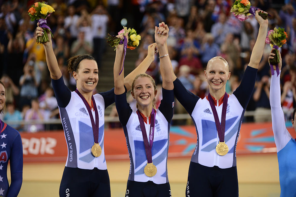 Team GB team pursuit women on podium, London 2012 Olympic Games, track day three evening session