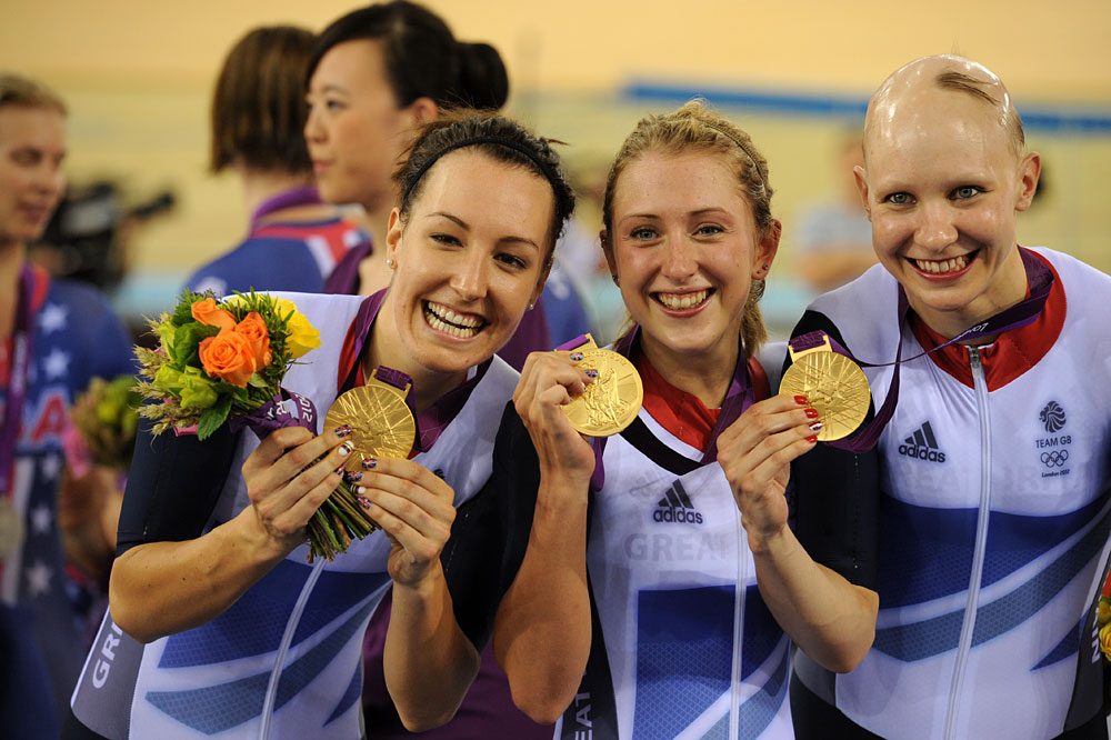 Dani King, Laura Trott and Joanna Rowsell, London 2012 Olympic Games, track day three evening session