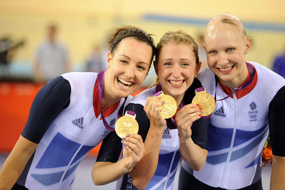 Dani King, Laura Trott and Joanna Rowsell, London 2012 Olympic Games, track day three evening session