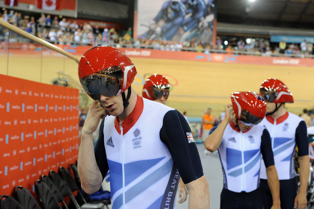 GB team pursuiters out to start, London 2012 Olympic Games, track cycling day two