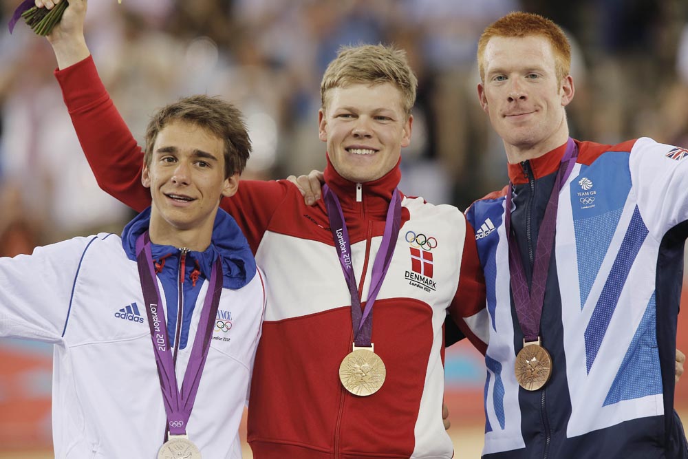 Coquard, Hansen and Clancy on omnium podium, London 2012 Olympic Games, track day four evening session