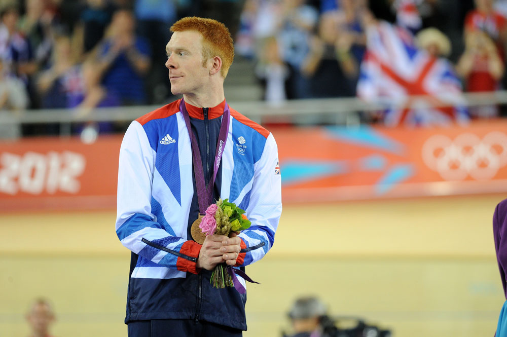 Ed Clancy on omnium podium, London 2012 Olympic Games, track day four