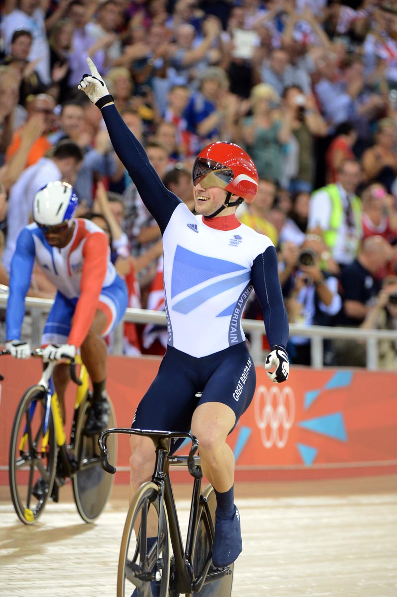 Jason Kenny celebrates winning sprint gold, London 2012 Olympic Games, track day 5