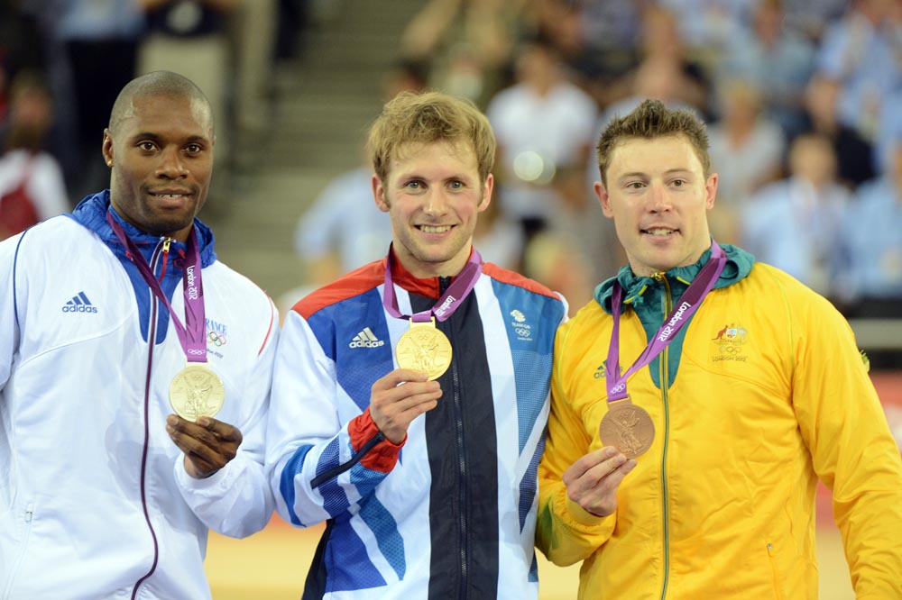 Bauge, Kenny and Perkins on men's sprint podium, London 2012 Olympic Games, track day 5