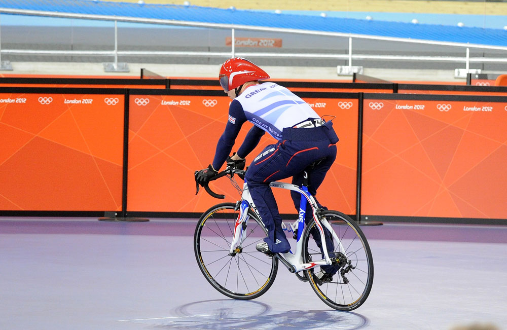Sir Chris Hoy warms up, London 2012 Olympic Games, track day six morning session