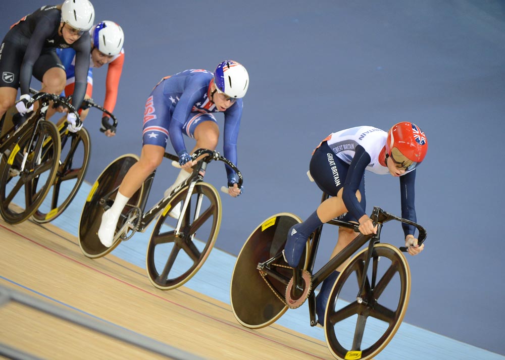 Laura Trott and Sarah Hammer, omnium scratch race, London 2012 Olympic Games, track day six