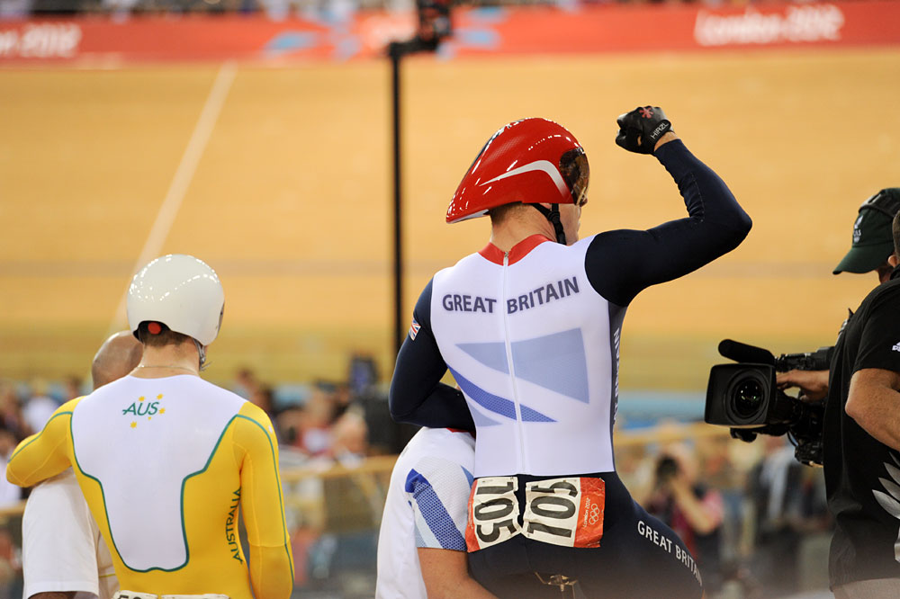 Sir Chris Hoy celebrates keirin win, London 2012 Olympic Games, track day six