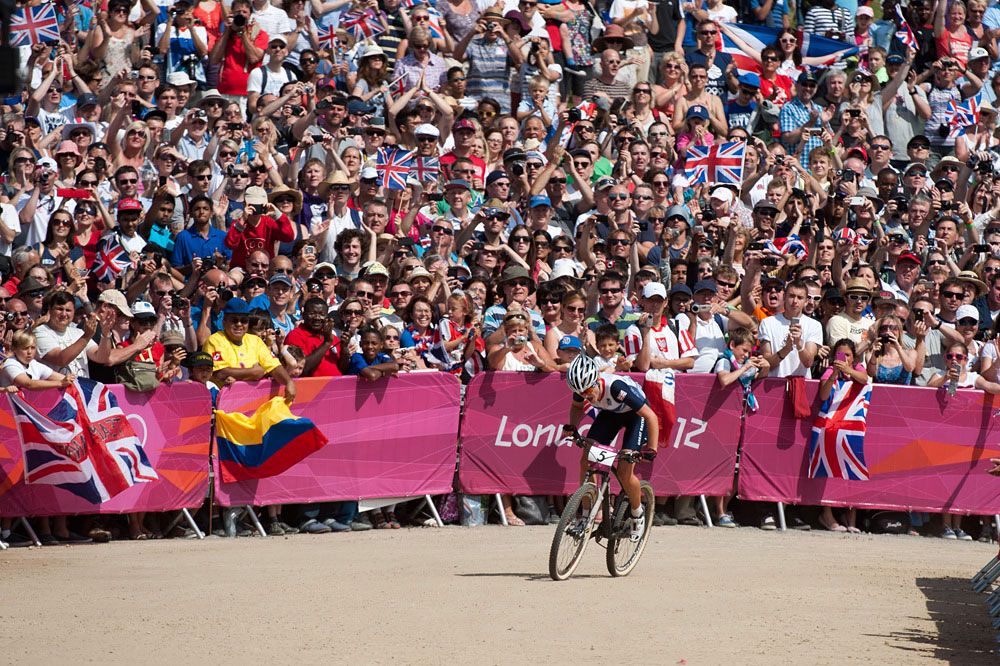 Annie Last into the finish, Women's mountain biking, London 2012 Olympic Games