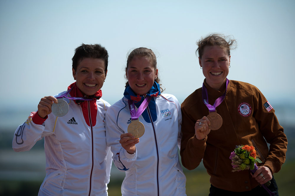 WMTB-0542.jpg Spitz, Bresset and Gould on podium, Women's mountain biking, London 2012 Olympic Games