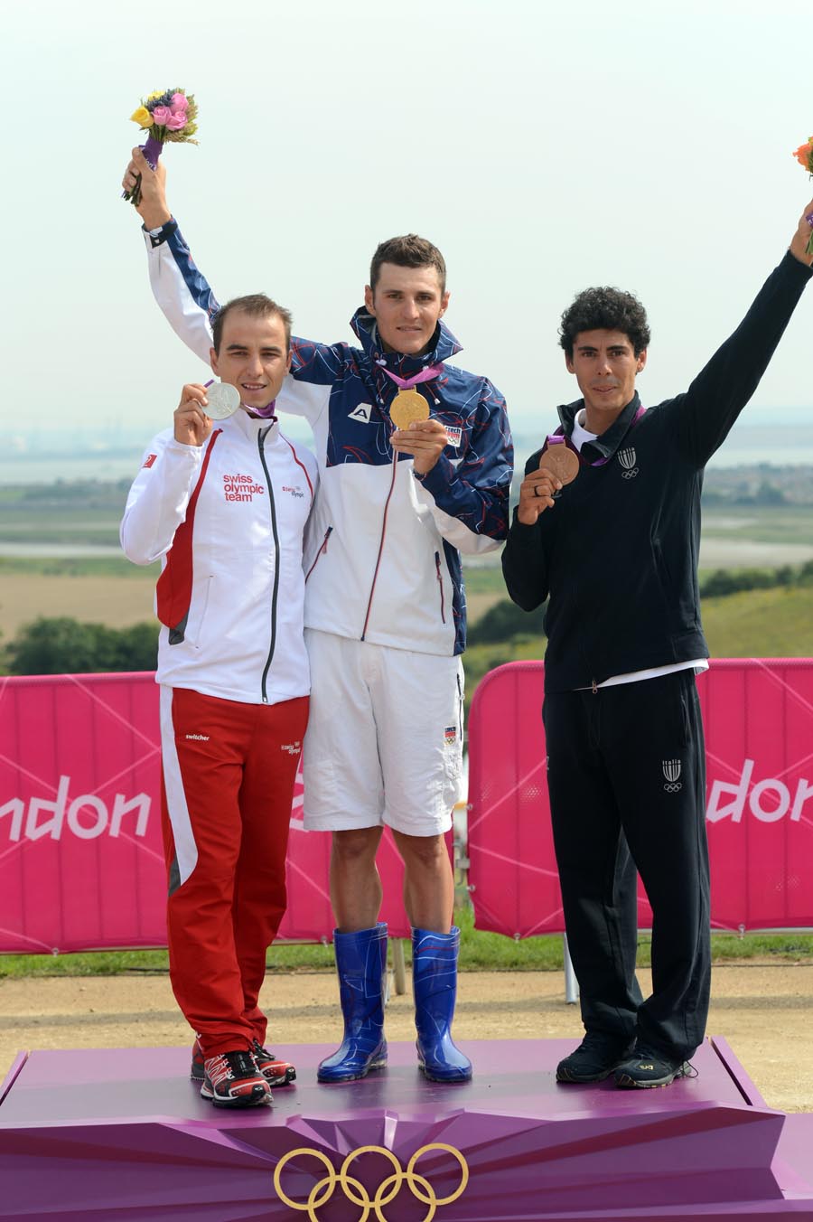 london12-men-mtb-gw-podium 1.jpg Schurter, Kulhavy and Fontana on podium, Men's mountain biking, London 2012 Olympic Games