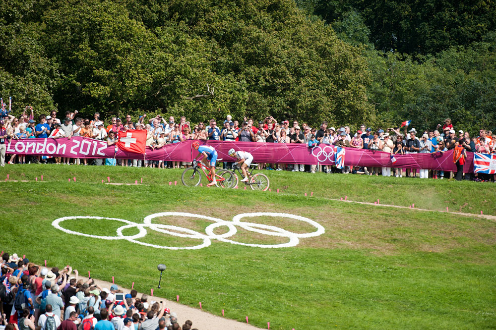 Jaroslav Kulhavy and Nino Schurter near finish line, Men's mountain biking, London 2012 Olympic Games