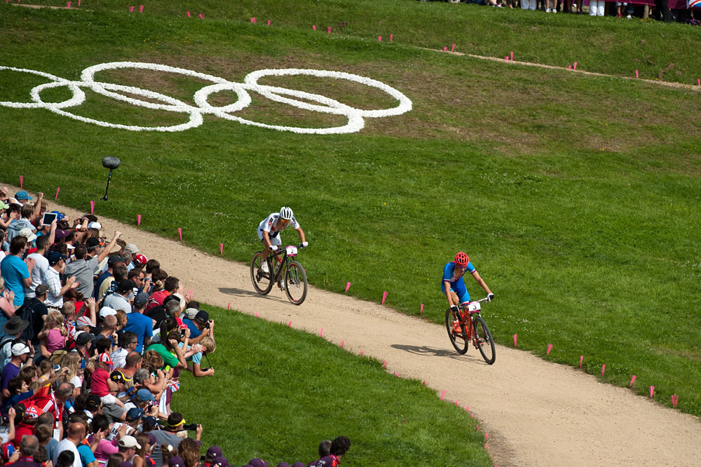 Jaroslav Kulhavy and Nino Schurter near finish line, Men's mountain biking, London 2012 Olympic Games