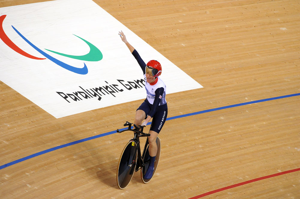 Sarah Storey celebrates, London 2012 Paralympic Games track day one