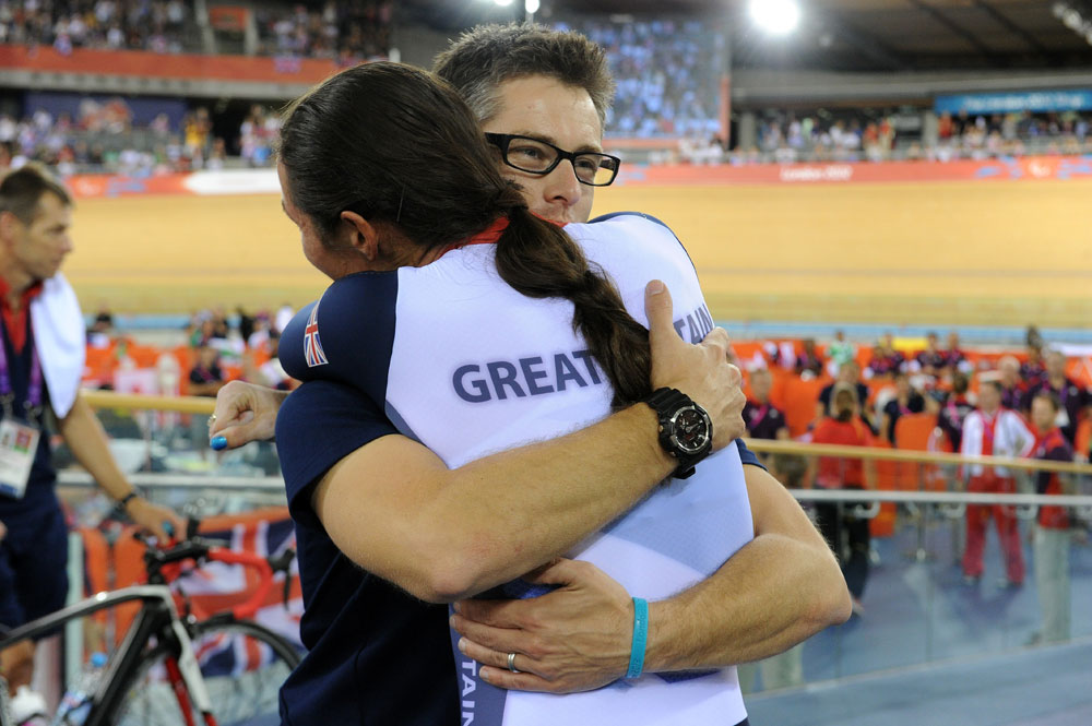 Hug from coach, London 2012 Paralympic Games, track day one afternoon