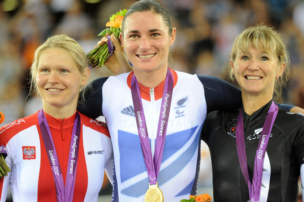 para12-track-day1pm-Pursuit-podium.jpg Sarah Storey tops pursuit podium, London 2012 Paralympic Games, track day one afternoon