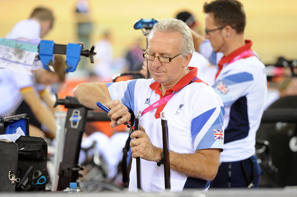 Mechanics at work, London 2012 Paralympic Games, track day two, morning session