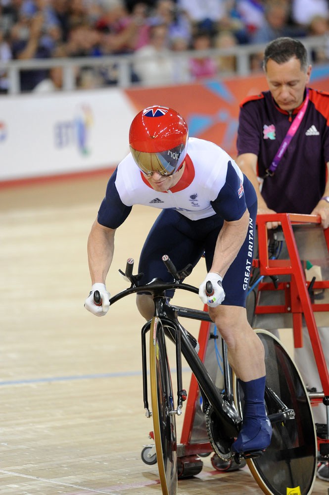 Jody Cundy slips out of start, London 2012 Paralympic Games, track day two, afternoon