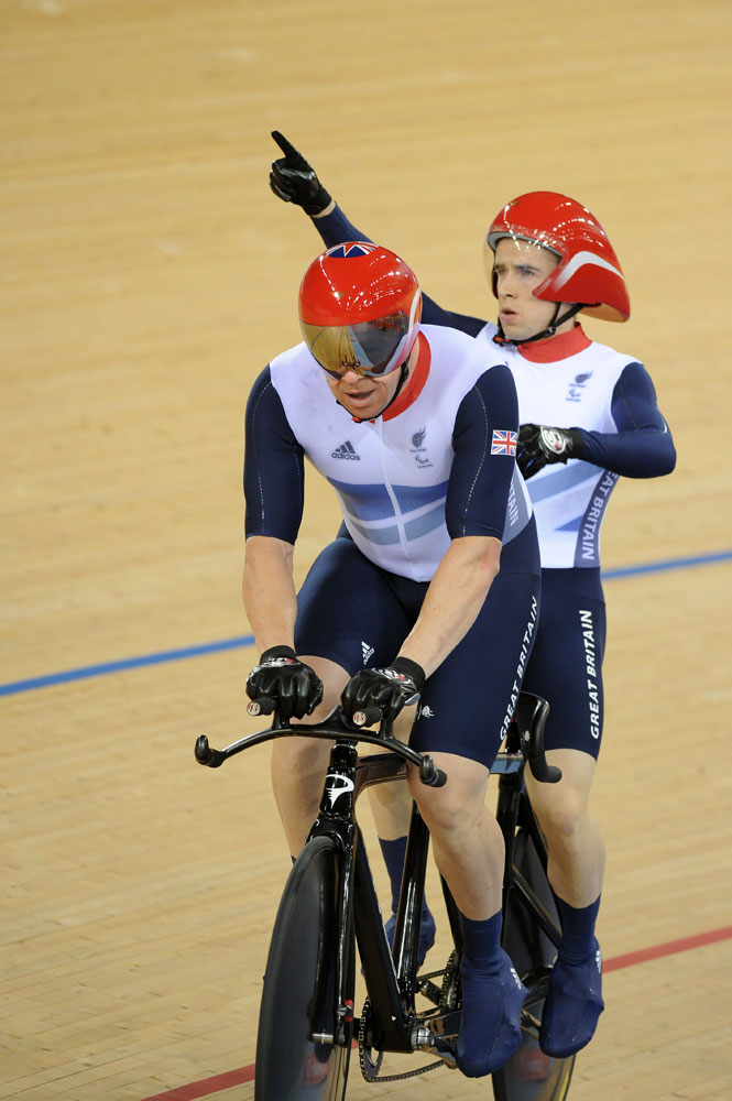 para12-track3-am-Storey-&-Fachie-celebrate-2.jpg Barney Storey and Neil Fachie win tandem gold, London 2012 Paralympic Games, track cycling day three, morning